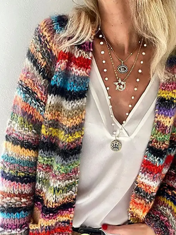Color Stripes Knit Sweater Cardigan