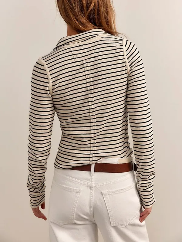 Striped Button Henley Long Sleeve Top
