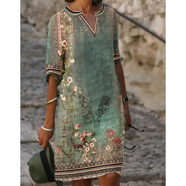 Women‘s Casual Dress Shift Dress Midi Dress Green Half Sleeve Floral Print Fall Spring Summer V Neck 2023 S M L XL XXL 3XL