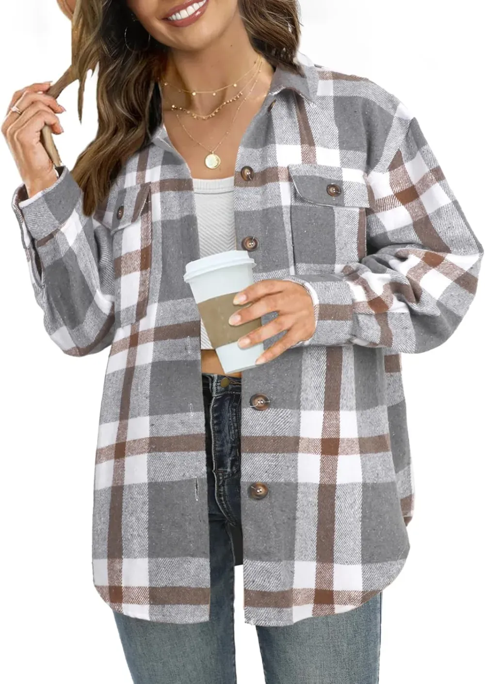 Women's Casual Plaid Flannel Shacket Jacket Oversized Button Down Long Sleeve Fall Shirts Jacket Lapel Coats Tops
