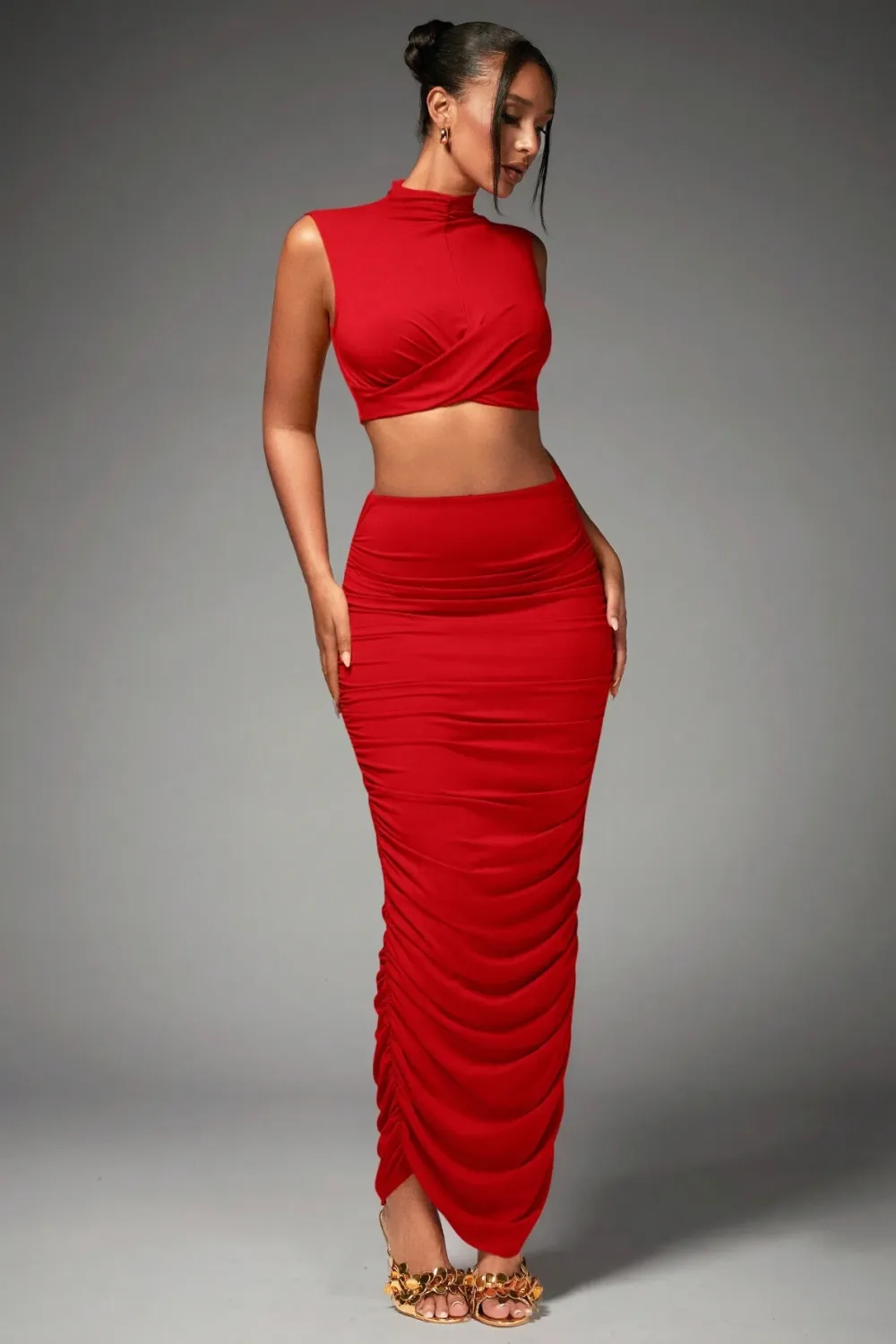 BAE Women's Mock Neck Pleated Crop Top And Skirt Set