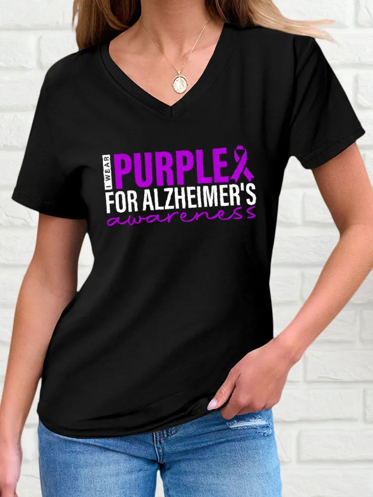 Women'S V-Neck Short-Sleeved T-Shirt I Wear Purple For Alzheimer'S Awareness Prints