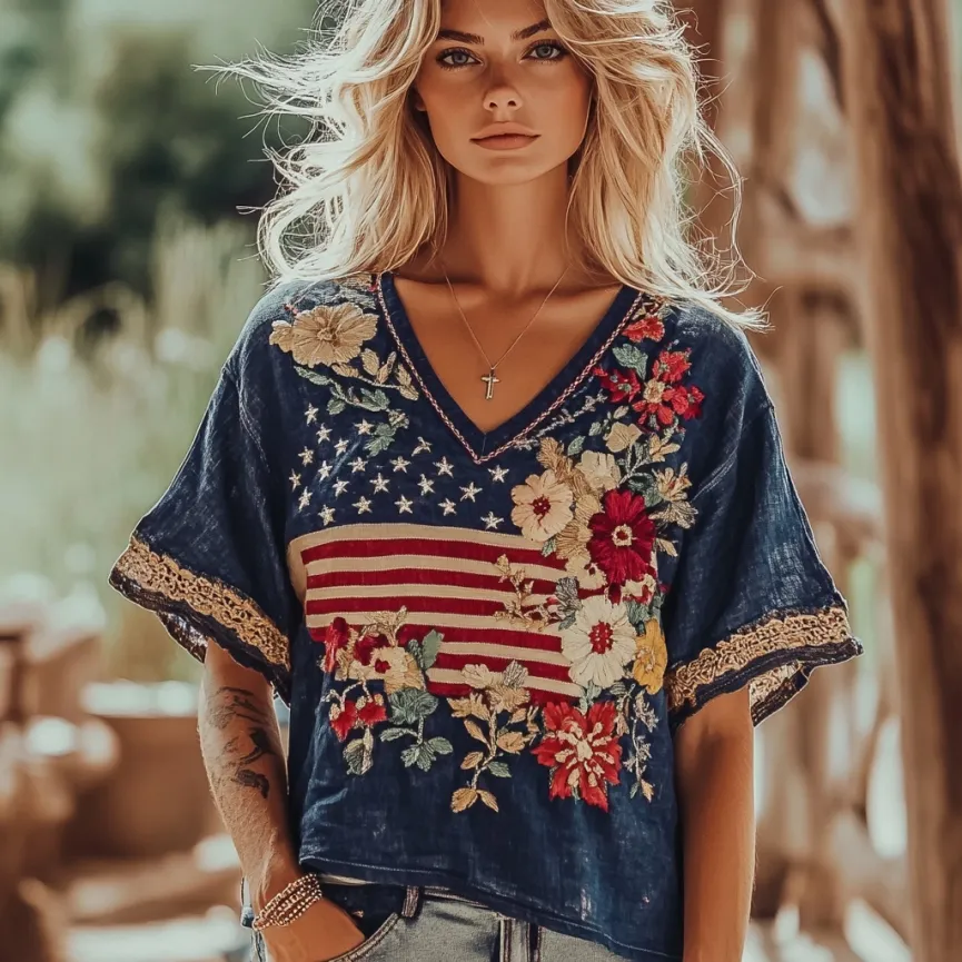 Women's Independence Day Flag Flower Embroidered V-neck Linen Blend T-shirt