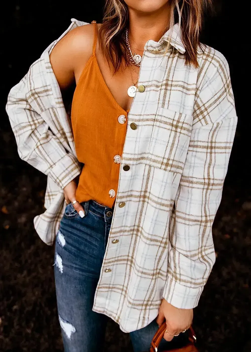 Women's 2023 Fall Clothes Plaid Shacket Jacket Long Sleeve Button Down Flannel Shirts Fashion Blouse