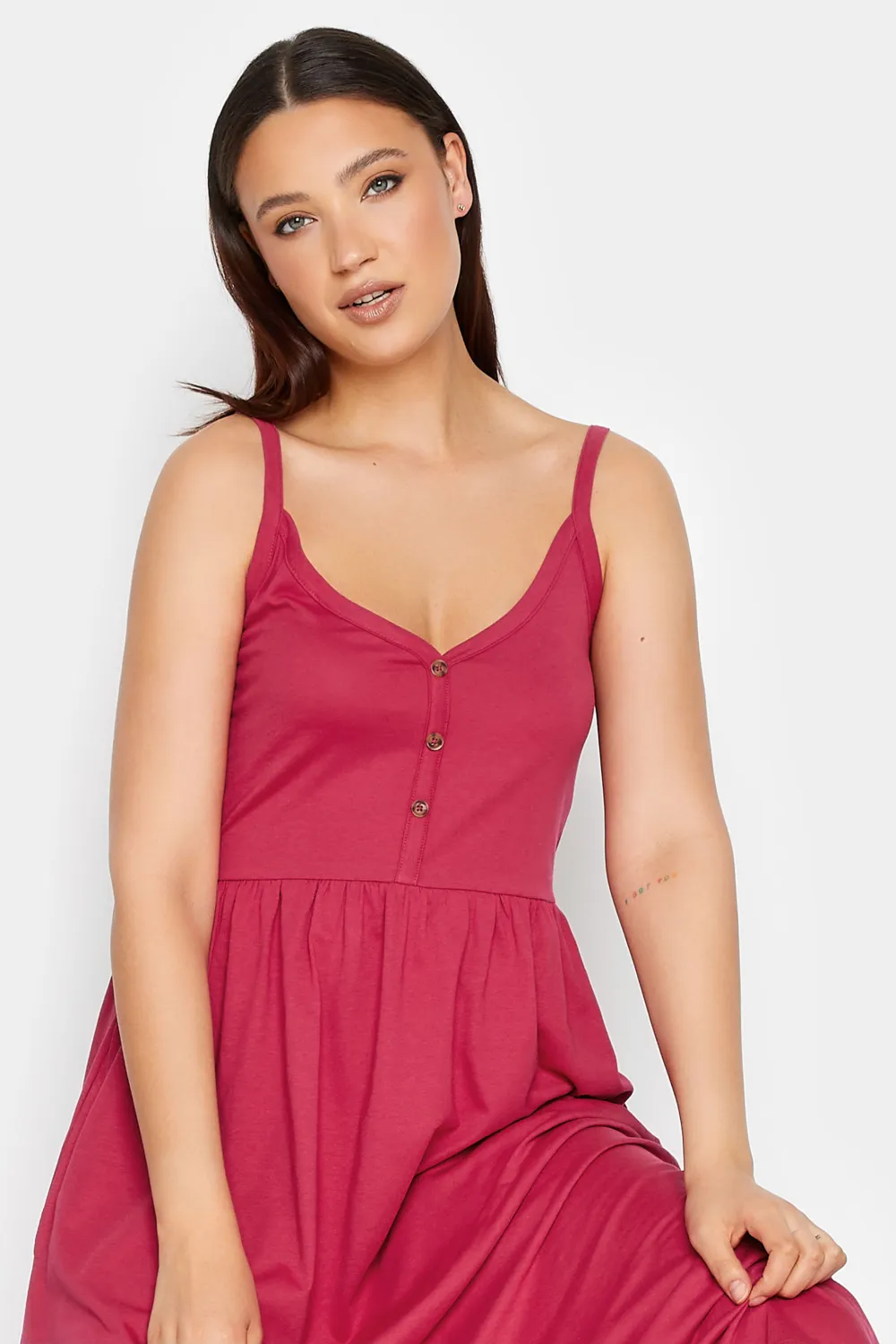 LTS Tall Hot Pink Button Through Midi Cami Dress