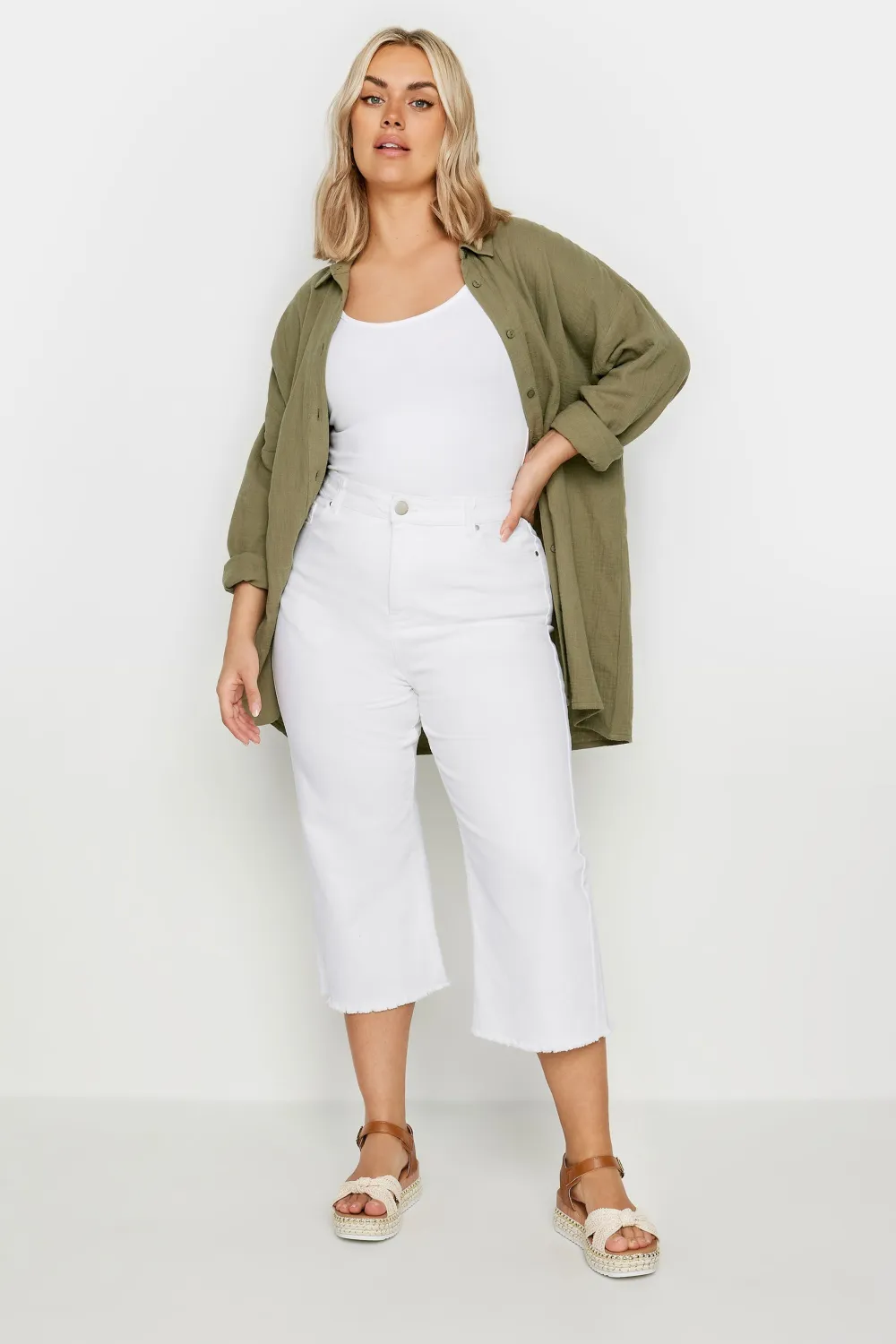 YOURS Curve White Stretch Wide Leg Cropped Jeans