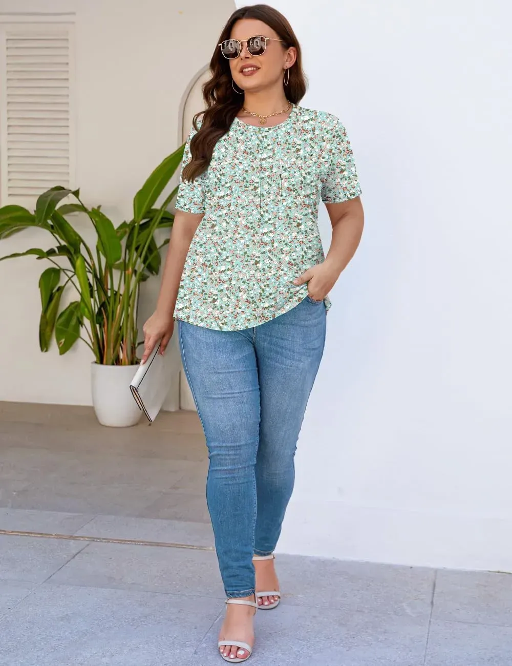 Kistore Womens Casual Crew Neck Short Sleeve Pleated Tops Blouses Fashion Clothes 2024