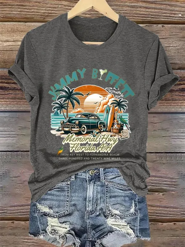 Retro Vacation Palm Trees Memorial Hwy Florida From Key West To Fernandina Beach Three Hundred And Twenty Nine Miles Print T-Shirt