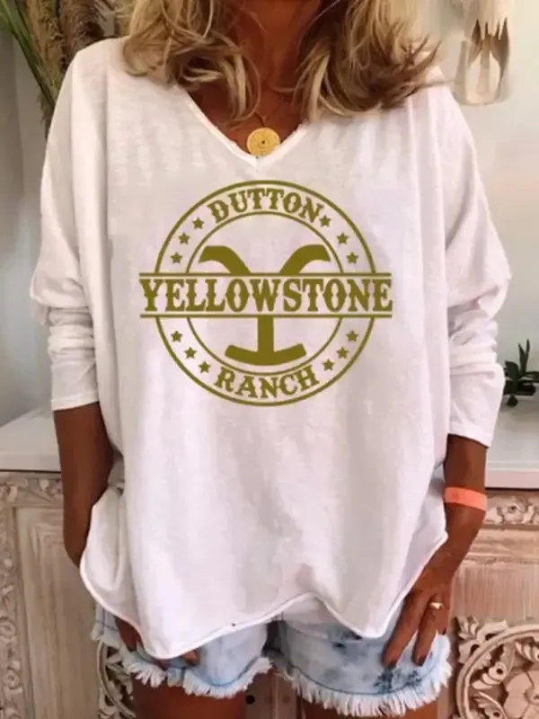 Women's T-Shirts Loose Print V-Neck Long Sleeve T-Shirt(⚡Clearance Sale)