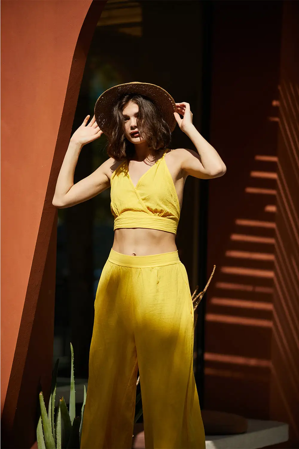 Spaghetti Strap Camisole Crop Top Casual Wide Leg Long Pants Linen Set