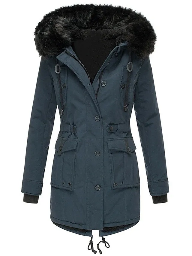 Women's Parka Winter Coat Mid-Length Puffer Jacket with Fur Collar Thermal Warm Heated Jacket Fleece Lined with Pockets Zip up Drwastring Hooded Outerwear Long Sleeve Fall Light Yellow Light Pink