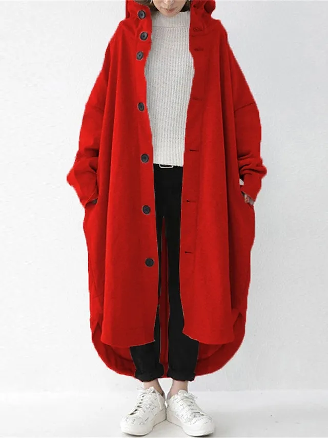 Women's Coat Street Fall Dusty Coat Casual Winter Windproof Long Coat with Pockets Regular Fit Warm Breathable Street Style Jacket Long Sleeve Plain Black Yellow Red