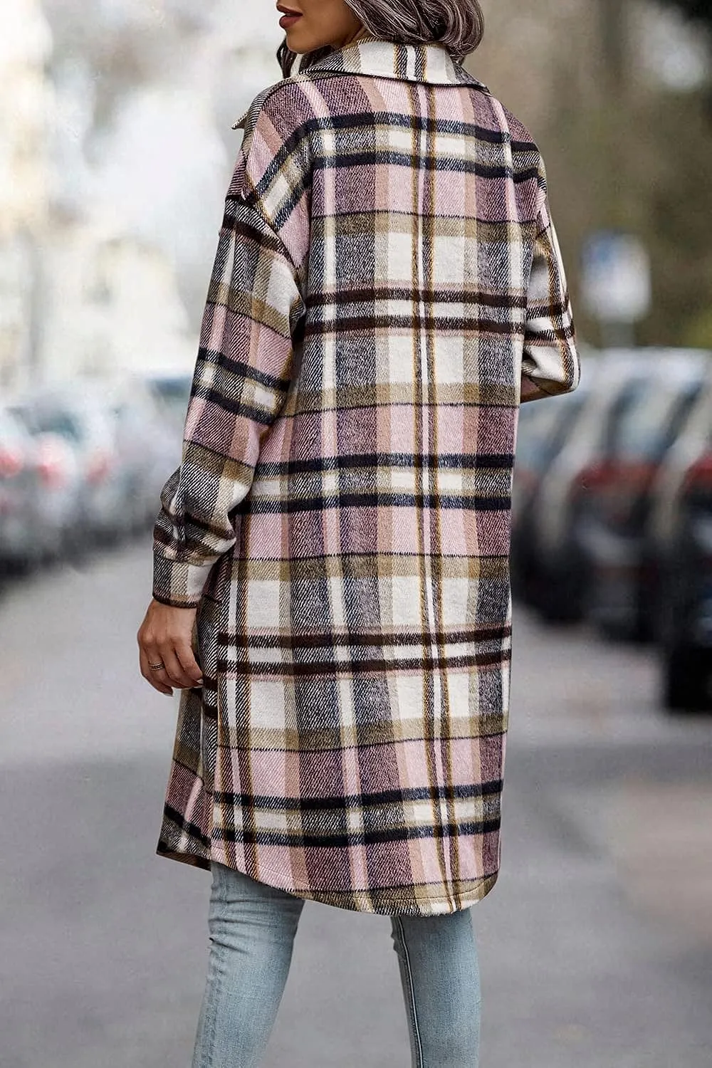 Women's Plaid Shacket 2023 Long Sleeve Button Up Flannel Shirt Winter Tartan Jacket Woolen Coats