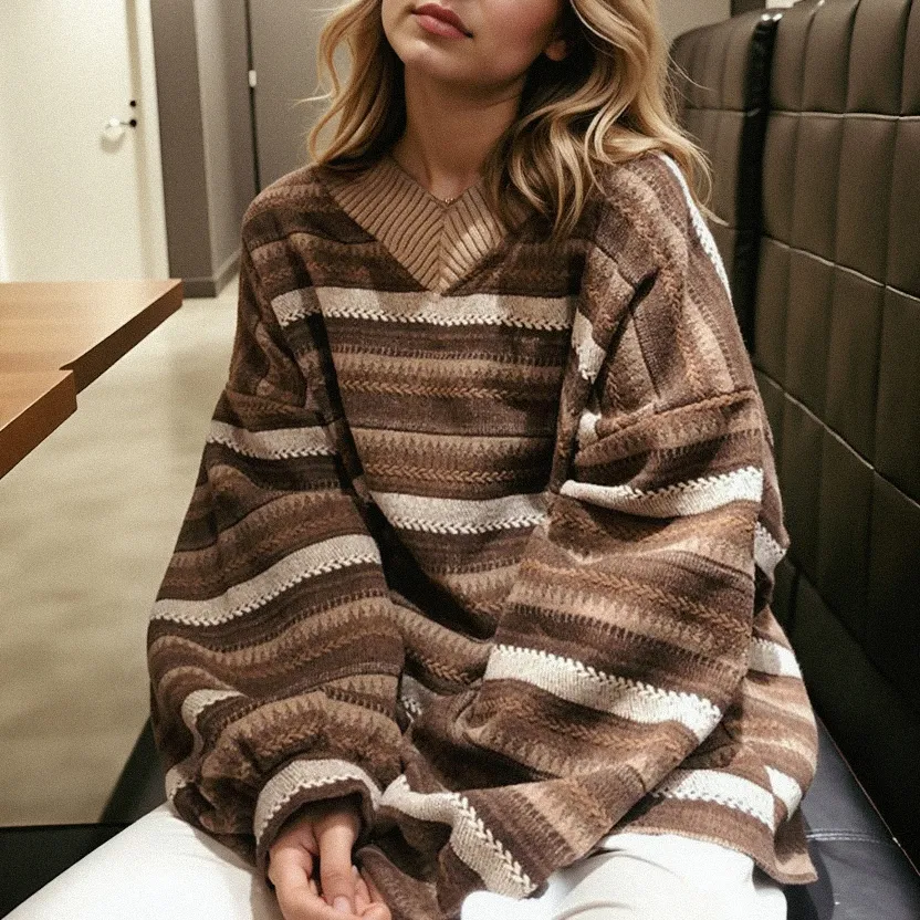 Loose V-neck Striped Sweater