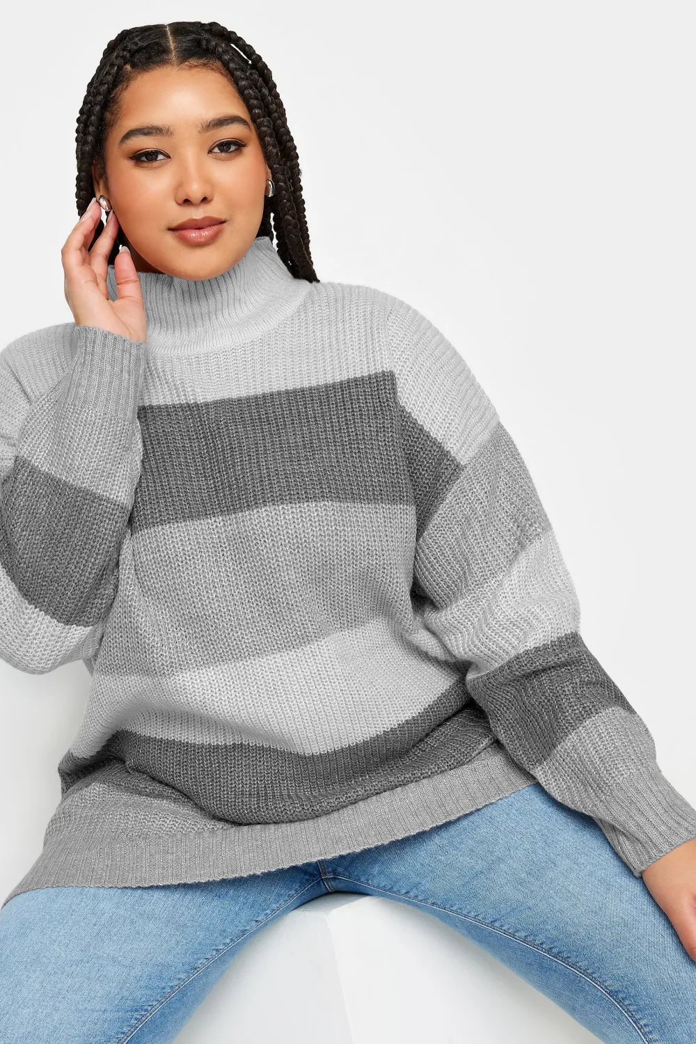 YOURS Curve Grey Stripe High Neck Knitted Jumper