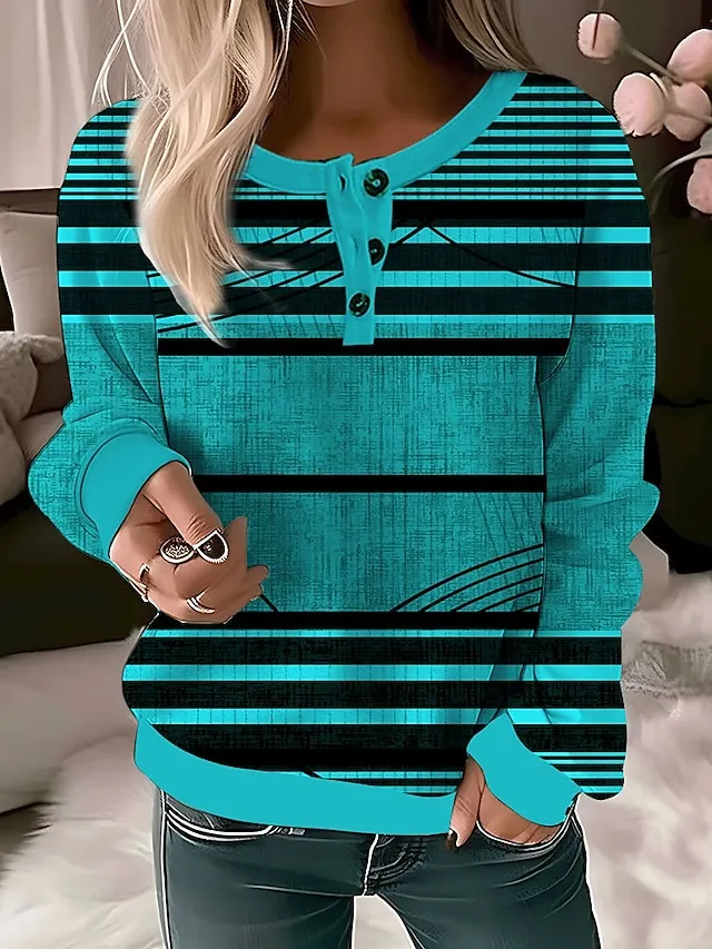 Women's Sweatshirt Pullover Basic Button White Yellow Red Geometric Casual Sports Round Neck Long Sleeve Top Micro-elastic Fall & Winter