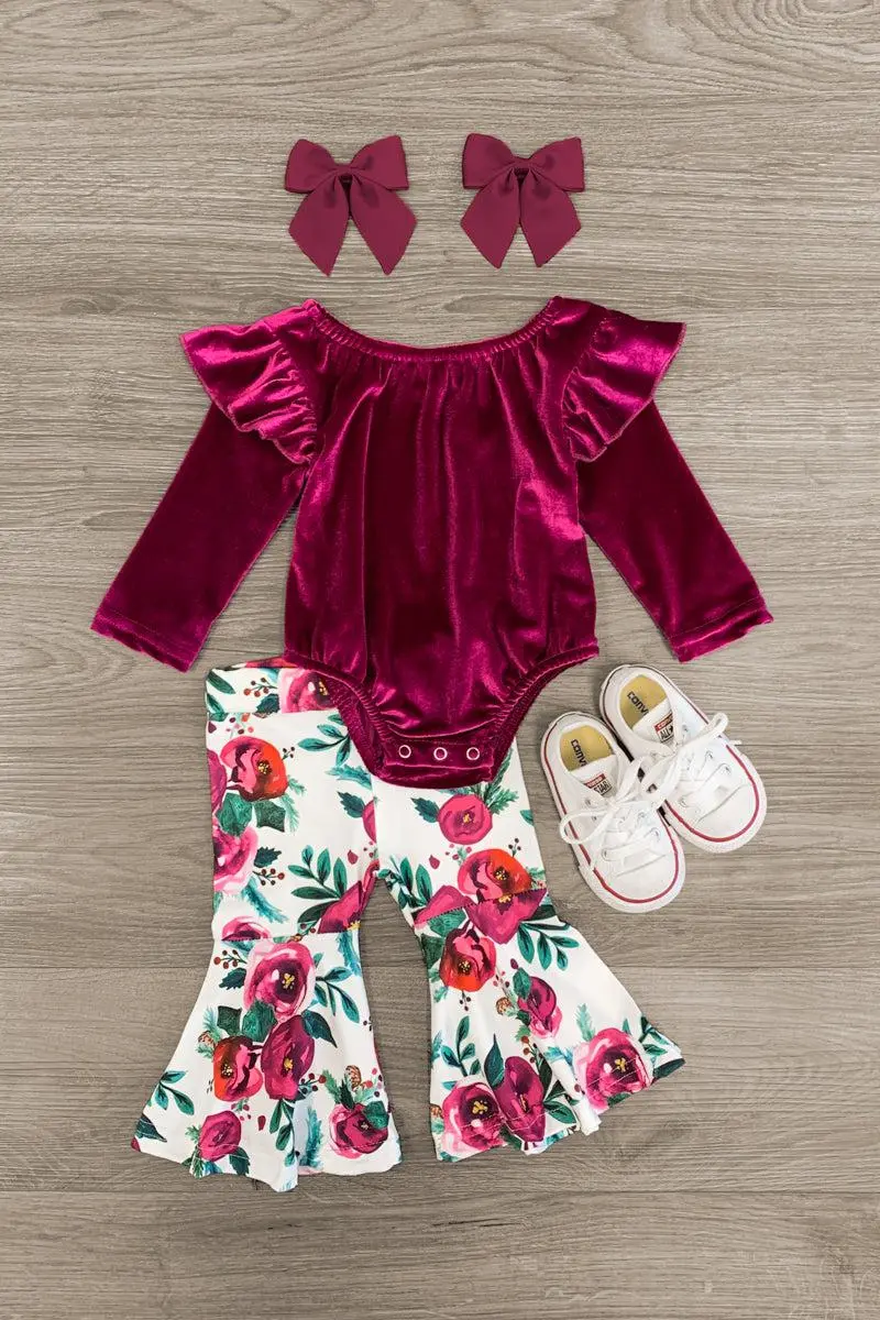 Plum Velvet Floral Onesie Set