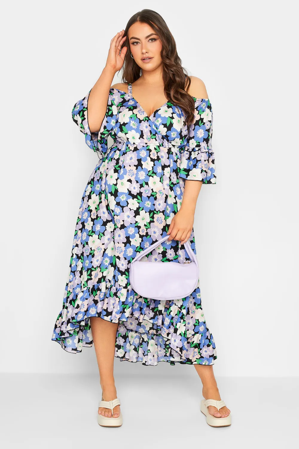 YOURS Curve Black Floral Cold Shoulder Midaxi Dress