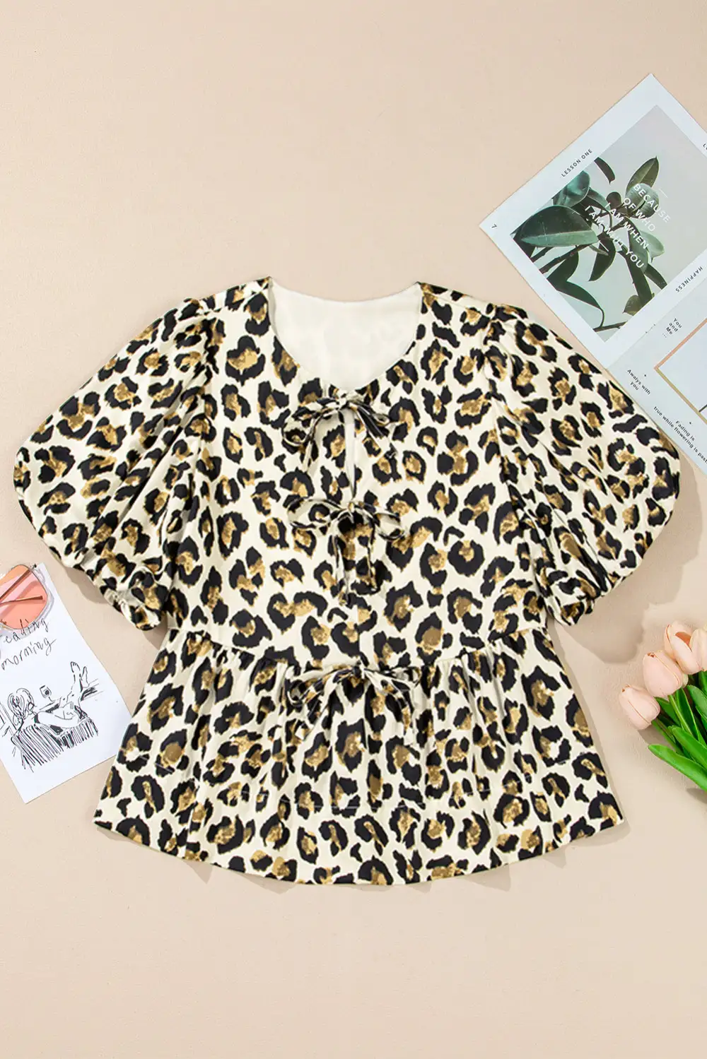 Leopard Print Bow Detail Peplum Blouse