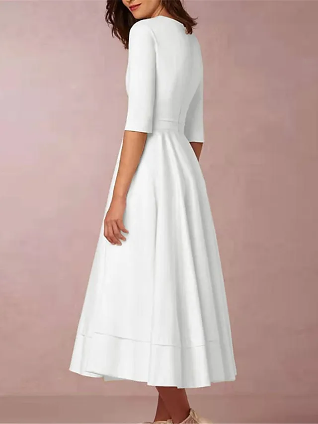 Women‘s Semi Formal Party Dress Swing Dress Midi Dress Green White Half Sleeve Pure Color Ruched Fall Spring Deep V Hot Elegant Slim 2023 S M L XL XXL 3XL / Wedding Guest / White Dress