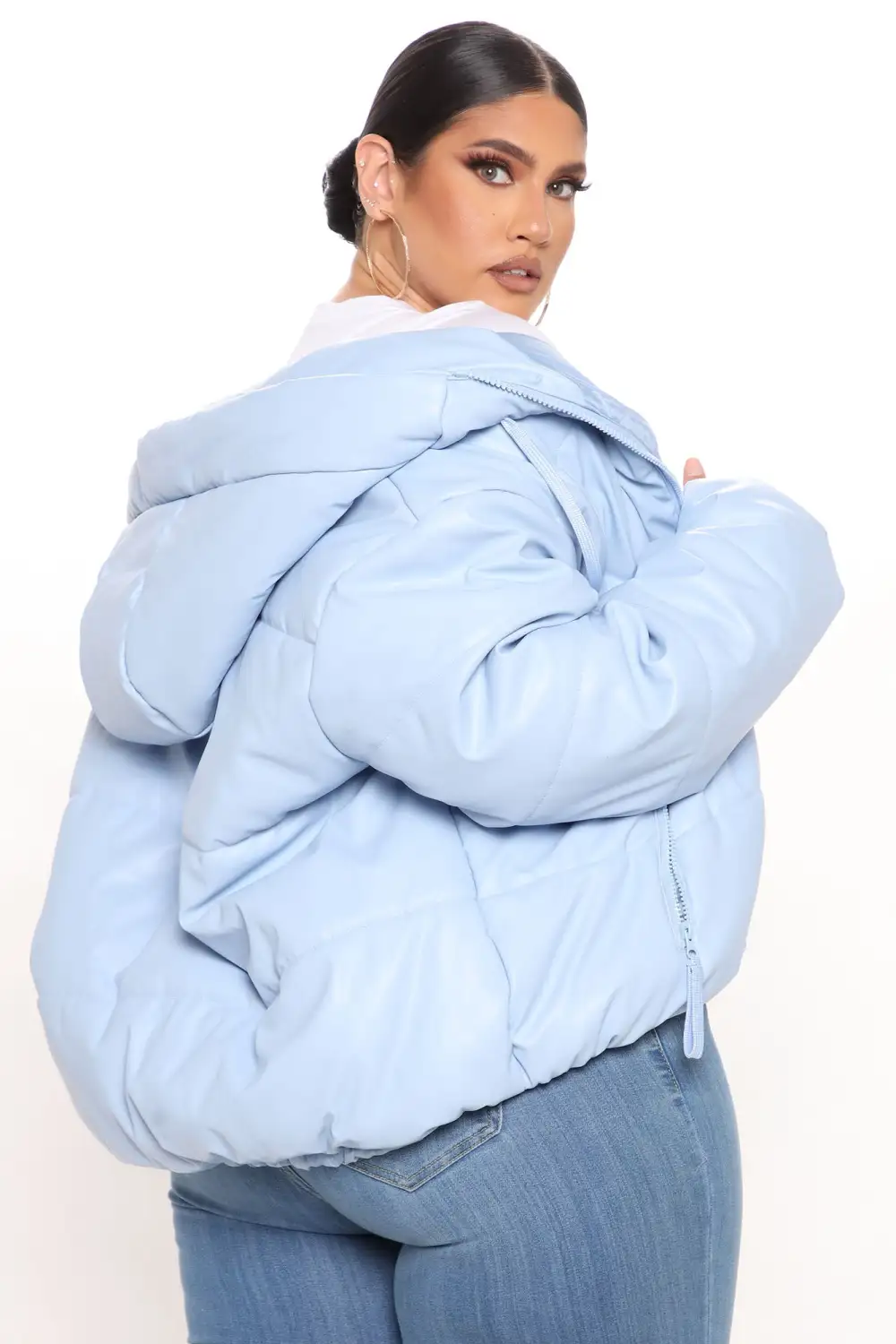 Fashion Finds Faux Leather Puffer Jacket - Light Blue