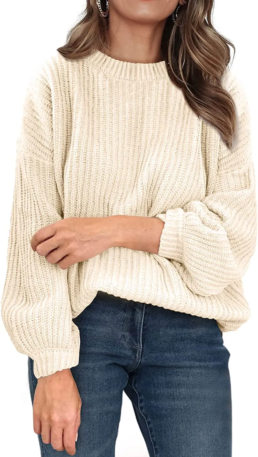 Women's Crew Neck Loose Drop Shoulder Lantern Sleeve Casual Solid Color Knit Pullover Sweater