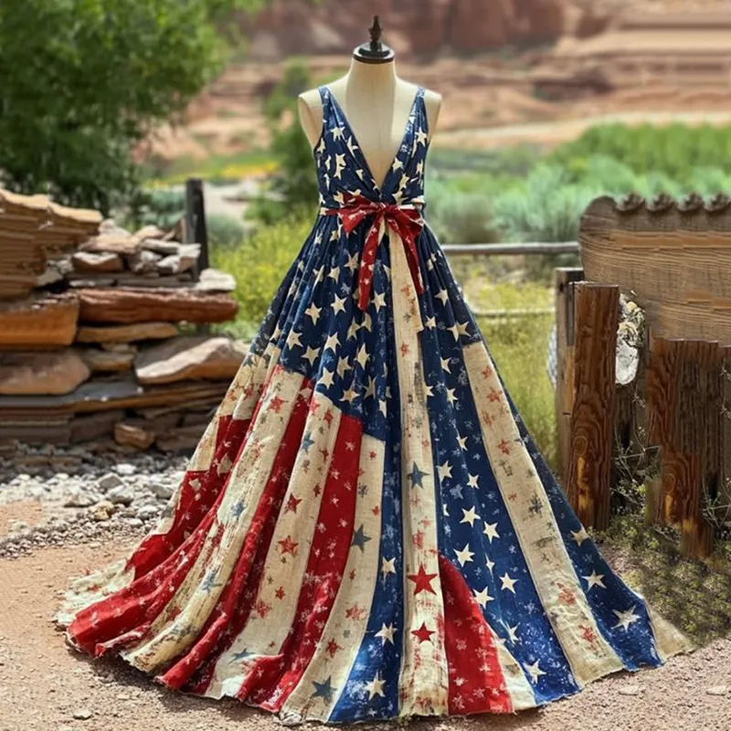 Women's Vintage Independence Day Flag Sleeveless Maxi Dress