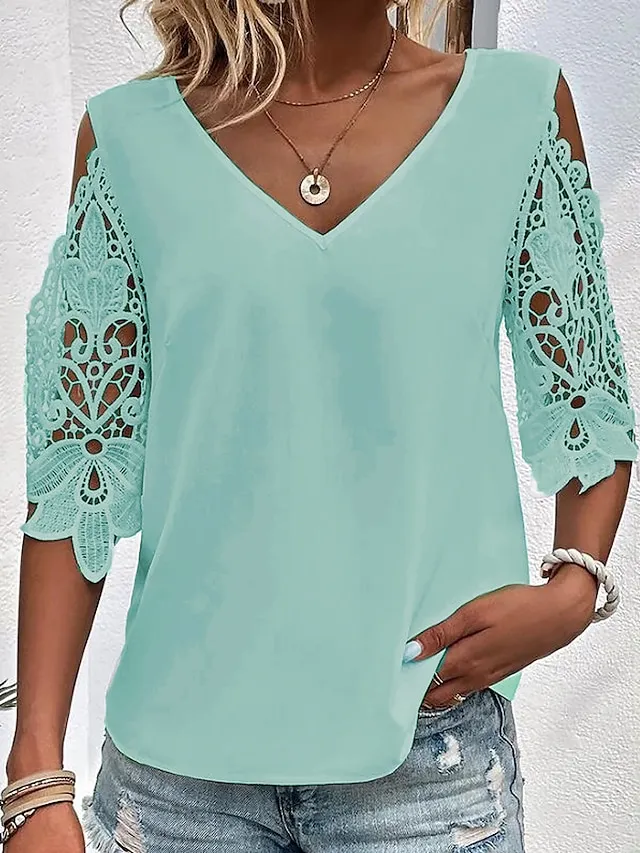 Women's Blouse White Pink Blue Plain Lace Cut Out Half Sleeve Daily Weekend Fashion Basic Elegant V Neck Regular Fit