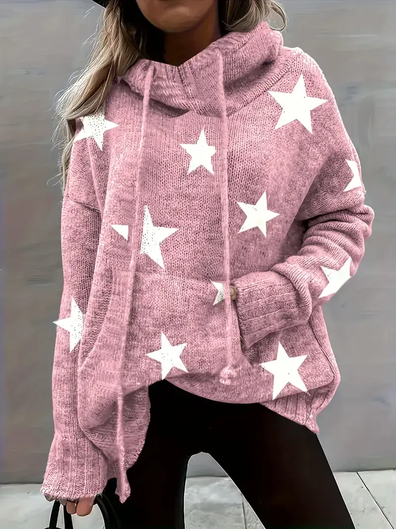Plus Size Casual Sweater, Women's Plus Star Print Long Sleeve Drawstring Hoodie Sweater With Pockets