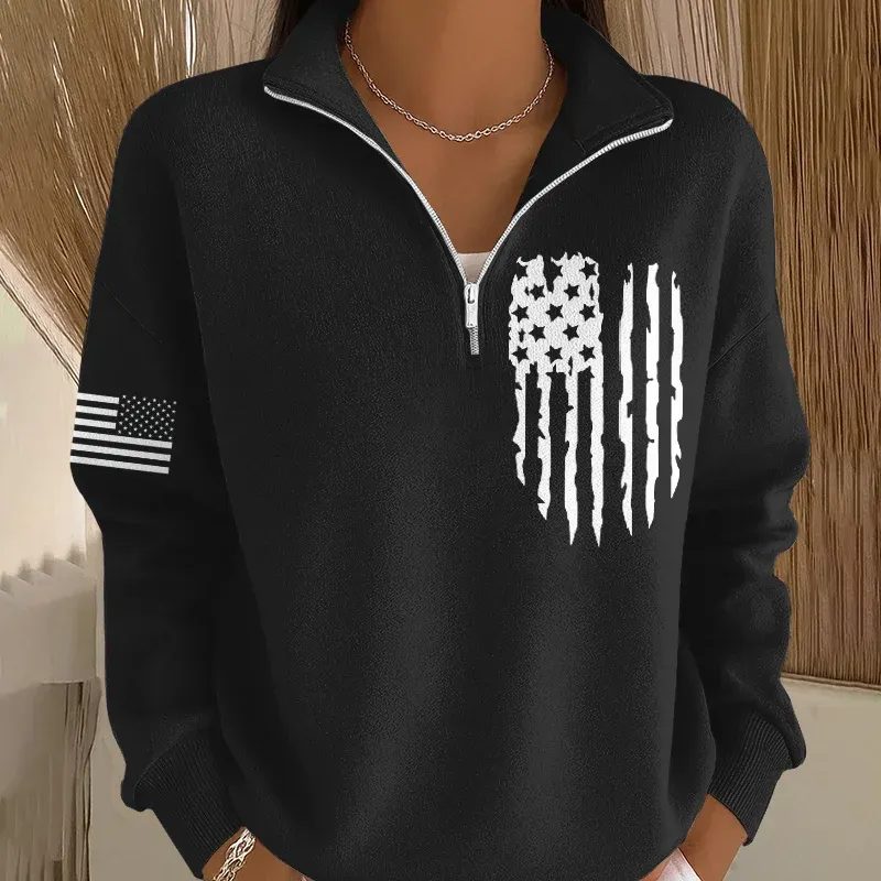 Women's Veteran Art Print Casual Zip-Up Sweatshirt