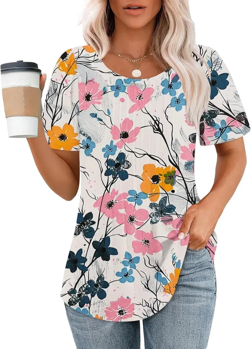 Womens Summer Pleated Front Shirts Tunics Casual Short Sleeved Loose Round Neck Boho Printed Tops Vacation Blouse