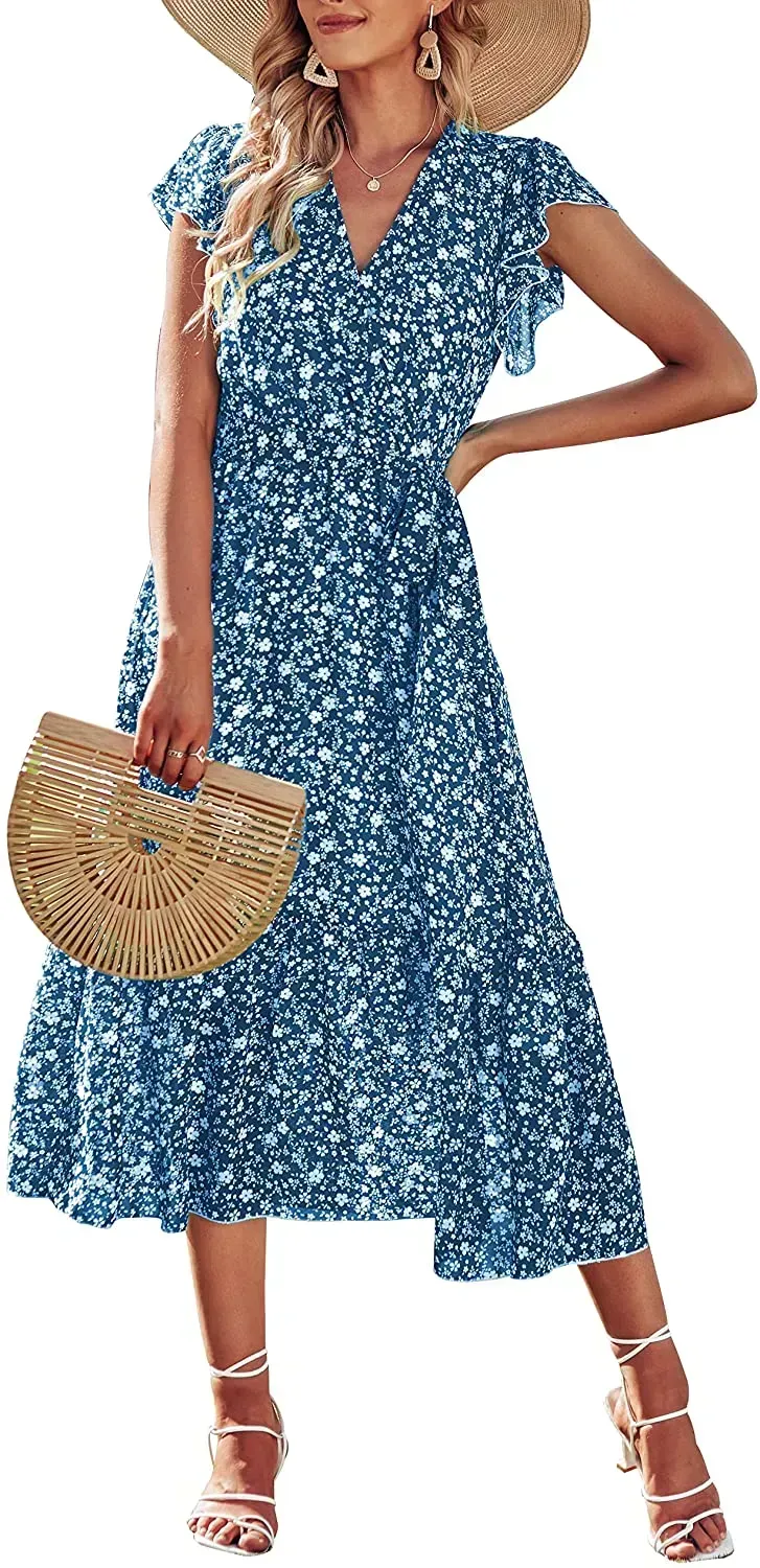 Women Summer Bohemian Floral Casual Wrap V Neck Ruffle Cap Sleeveless Belt A-Line Pleated Hem Swing Midi Sun Dress