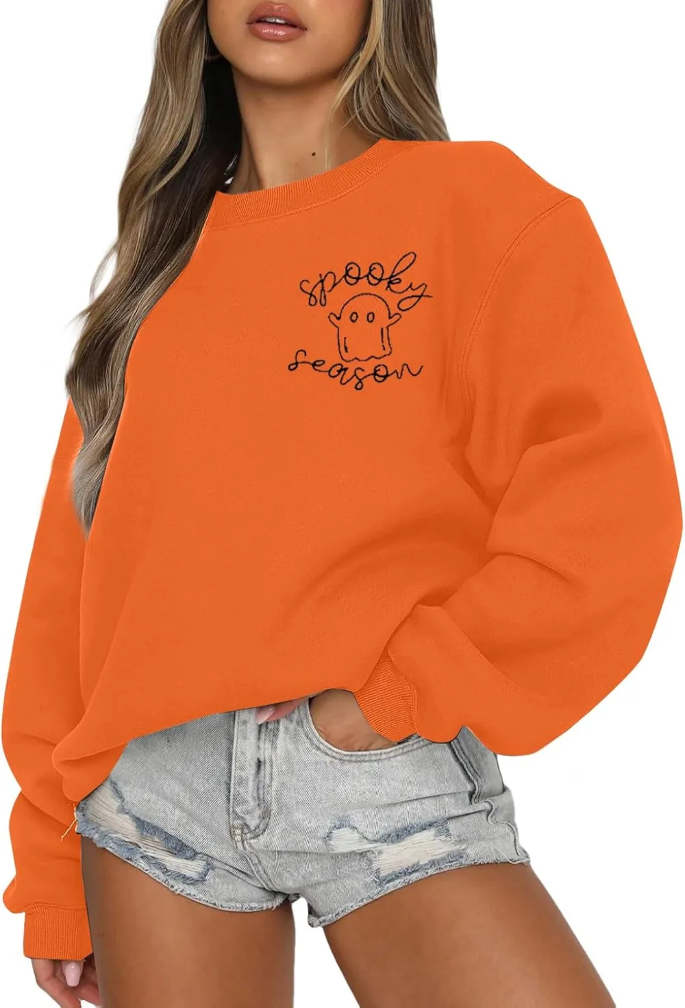 LOTUCY Halloween Sweatshirt Women Cute Spooky Season Sweatshirts Ghost Fall Embroidered Sweater Pullover Top