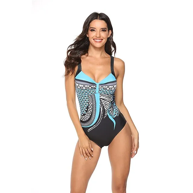 Women's One Piece Swimsuit Backless Vintage Bodysuit Bathing Suit Swimwear White Blue Breathable Quick Dry Lightweight Swimming Surfing Beach Spring Summer