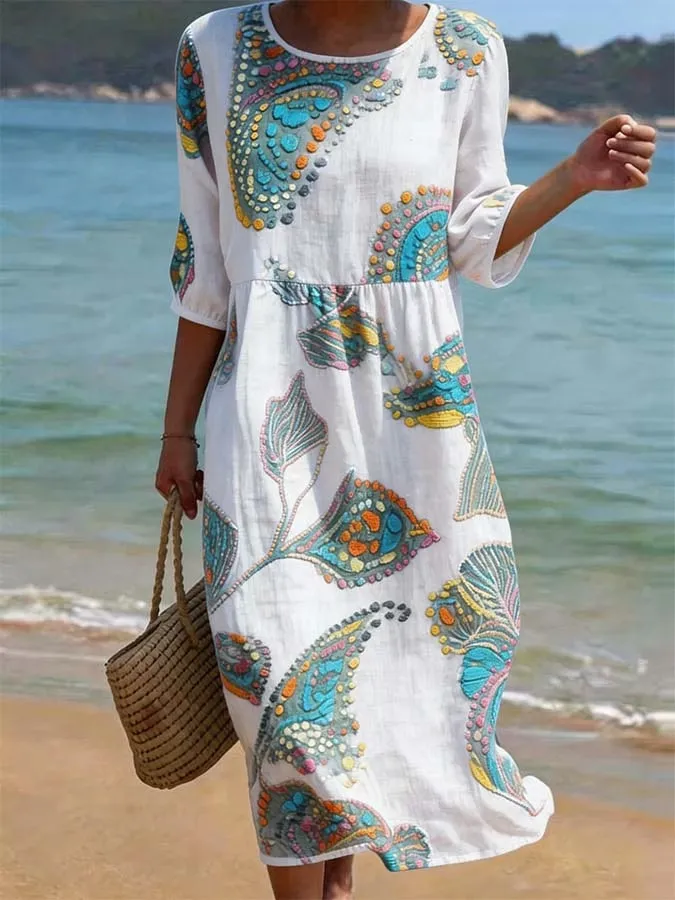 Women's Casual Round Neck Mid Sleeve Print Cotton and Linen Dress