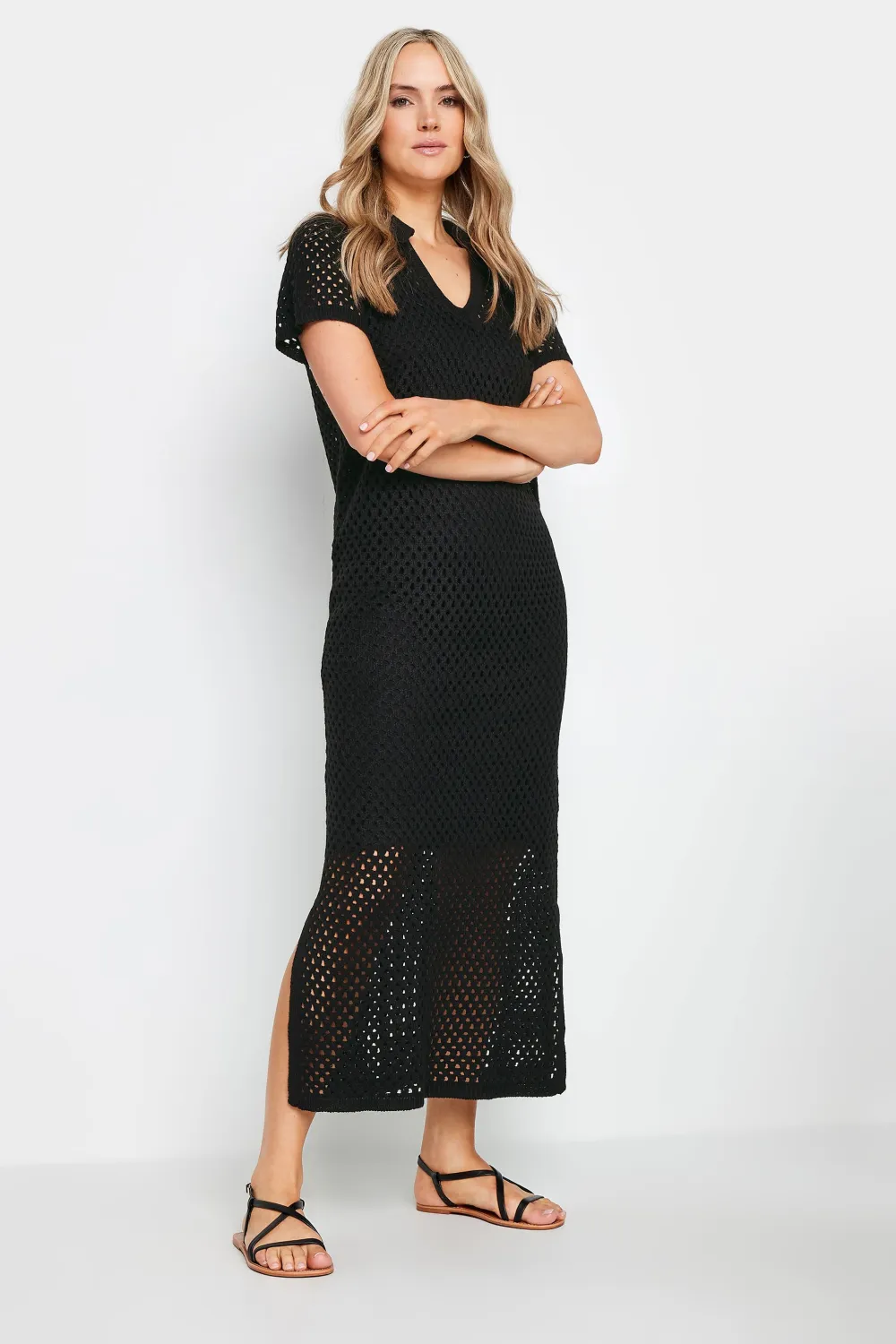 LTS Tall Black Crochet Midaxi Dress