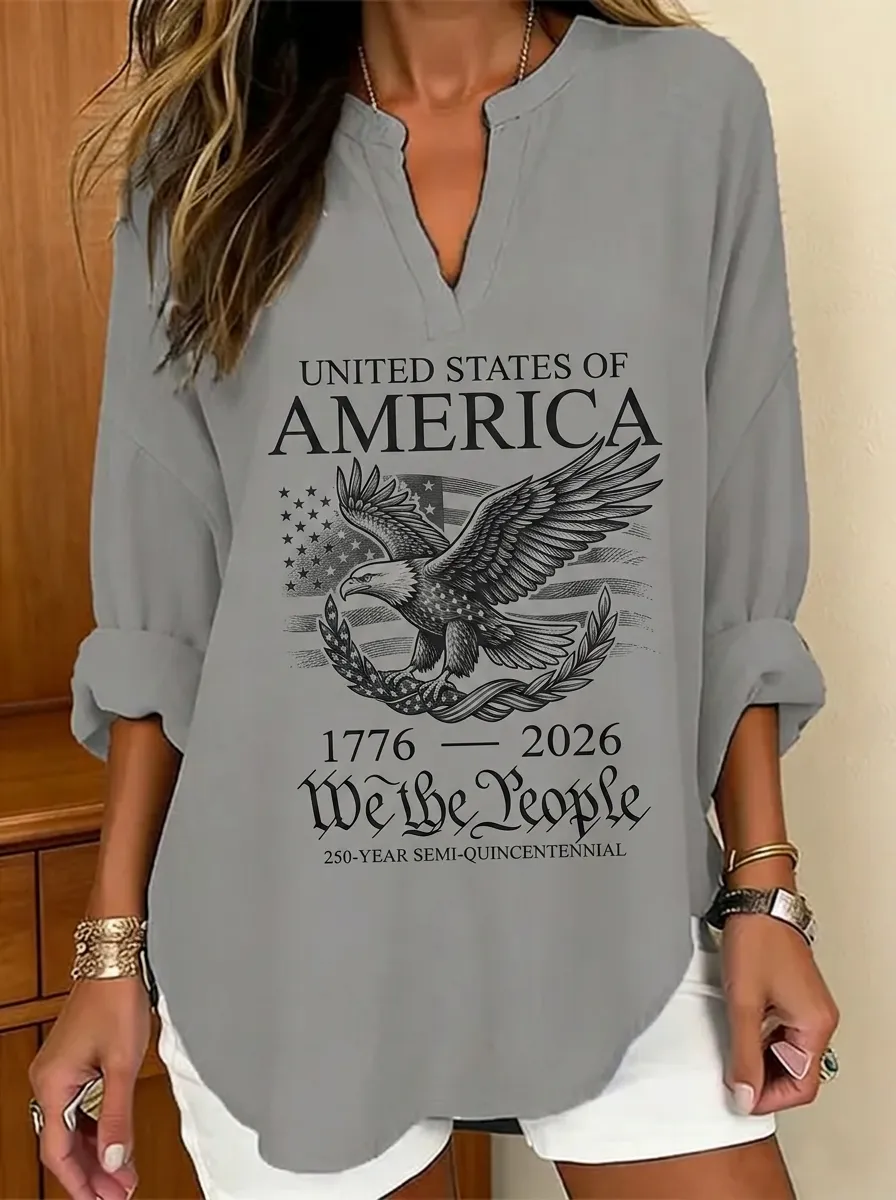 Women's USA Patriotic Eagle 1776-2026 We The People Printed V-neck top