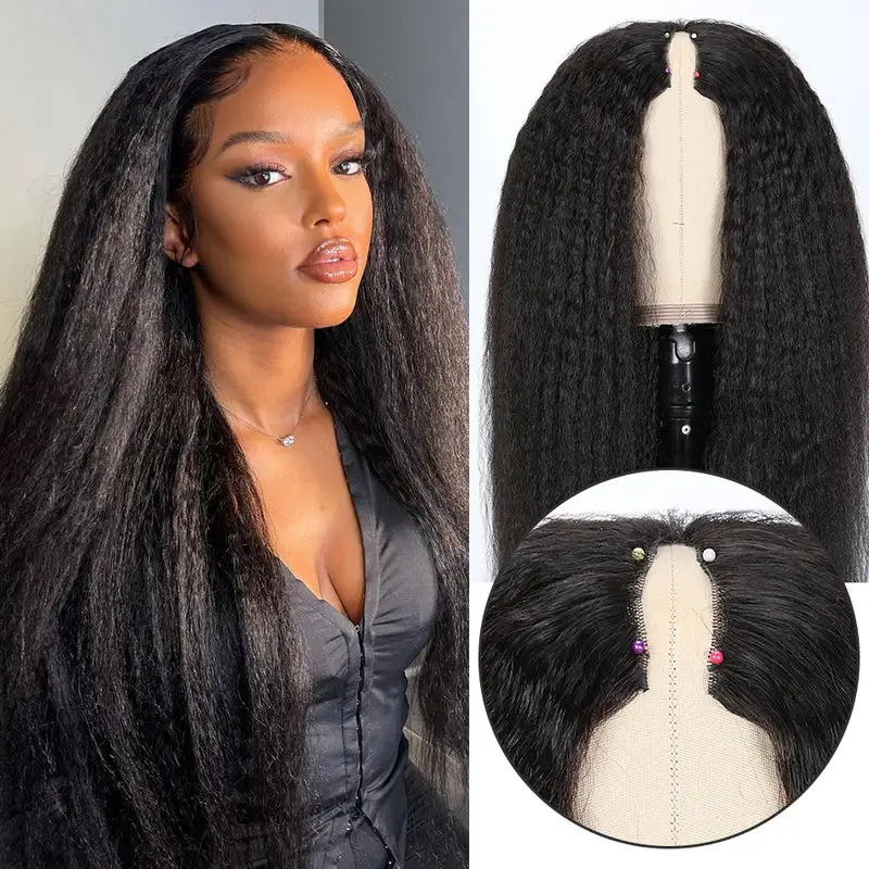 Kinky Straight V Part Wig No Leave Out Upgraded Yaki Straight V Part Wig 100% V Part Human Hair