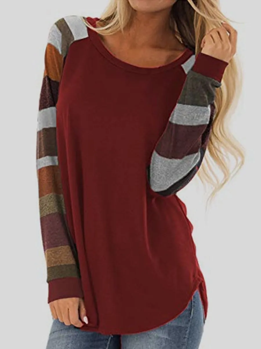 Round Neck  Patchwork  Stripes Long Sleeve T-Shirts