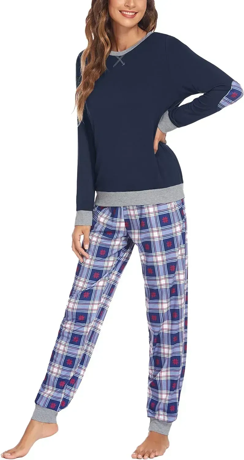 Women's Pajamas Sets Long Sleeve with Plaid Pants Soft Sleepwear O Neck 2 Piece Pjs Joggers Loung Set with Pockets