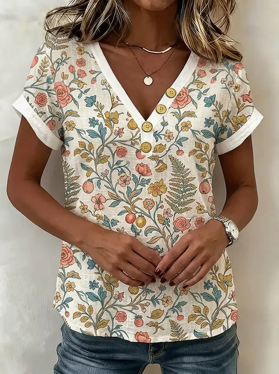 Women's Nashville Floral Botanical Printed V-Neck Button Top