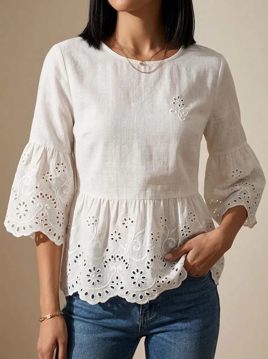 Women's Nashville Floral Eyelet Embroidered Peplum Top