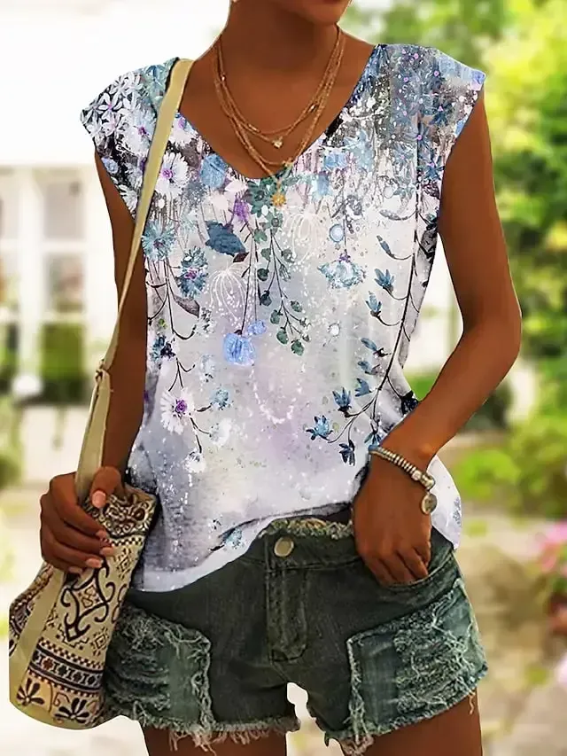 Women's Tank Top Pink Blue Green Floral Print Sleeveless Holiday Basic V Neck Regular Floral S