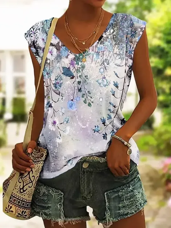Women's Tank Top Pink Blue Green Floral Print Sleeveless Holiday Basic V Neck Regular Floral S