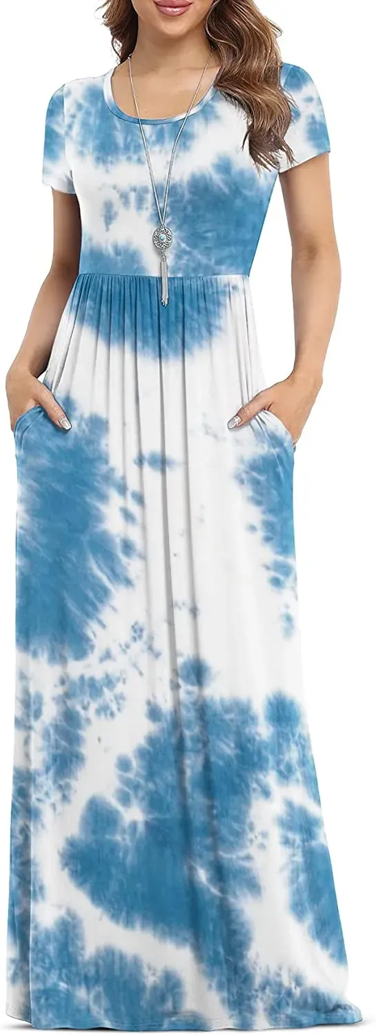 Women's Short Sleeve Loose Plain Maxi Dresses Casual Long Dresses with Pockets