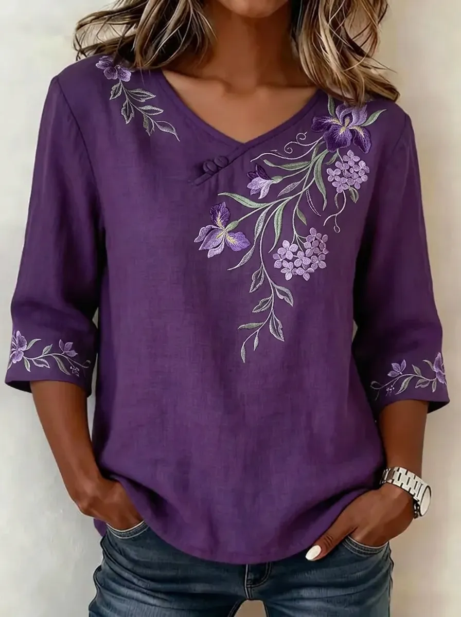 Women's Nashville Floral Iris Embroidered V-Neck Top