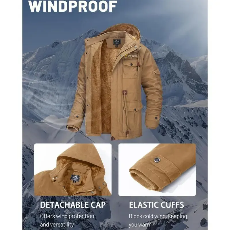 Men's Winter Coat Jacket Fleece Lined Parka Cotton Cargo Jacket Menswear Tops Long Sleeve Warm Thermal Hoodie