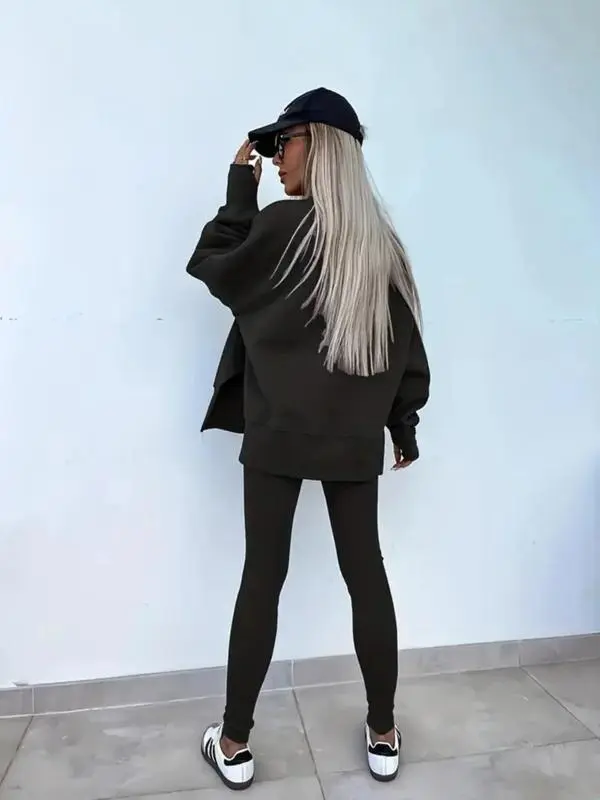 Women's Solid Drop Shoulder Split Hem Sweatshirt & Pants Two-piece Set, Casual Fashion Cozy Breathable Outfits for Daily Outdoor Wear, Ladies Sportswear for All Seasons