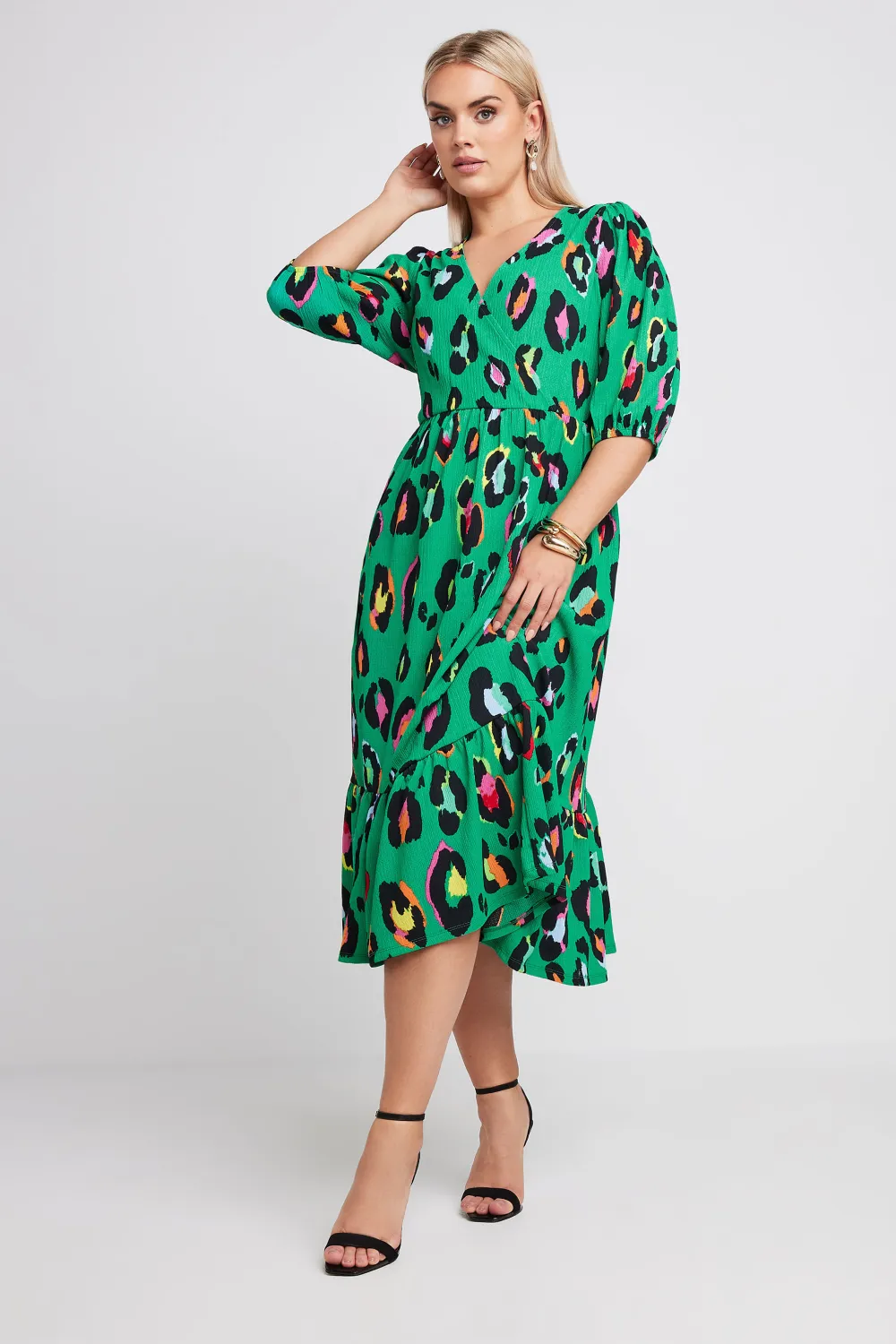 YOURS Curve Green Leopard Print Textured Wrap Dress