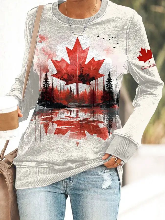 Women'S Autumn Landscape Featuring Canadian Maple Leaves Print Sweatshirt